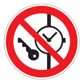 Verbotszeichen - Mitführen von Metallteilen oder Uhren verboten - Verbotsschild - Sicherheitszeichen